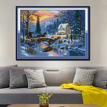 

Winter Returns Cross Stitch Embroidery Set 14CT 11CT Night Snow Landscape Canvas Print DIY Embroidery Kit Decorative Painting