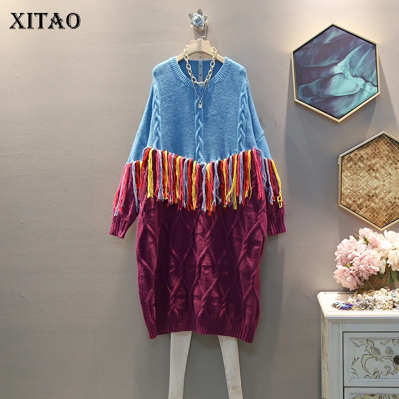 XITAO Tassel прямое трикотажное платье Женская одежда о-образный вырез длинный рукав элегантное лоскутное маленькое свежее платье GCC2693