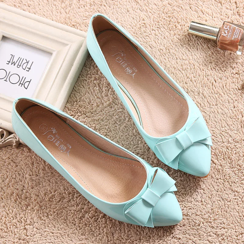 

New Style Sweet Candy-Colored Shoes Patent Leather Bow Flat Shoes Shallow Mouth Pointed Flat Keel Thin Shoes Size Code WOMEN'S S