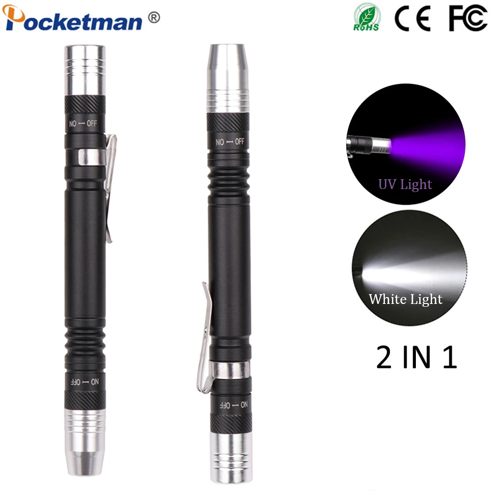 UV Pen Light Mini Flashlight 95nm Ultra Violet Torch 2 in 1 Multifunctional Pen Light Portable Professional Detection Work Light