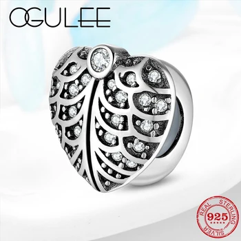 

100% Real 925 Sterling Silver Clear CZ Heart Leaf Stopper Beads with Silicone Fits Origianl Pandora Bracelets Jewelry Making