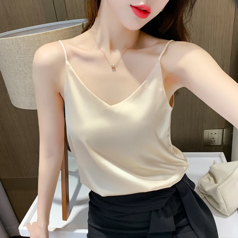 Korean Silk Women Tops Camisole Women Silk Sleeveless Basic Top Camis Sexy Satin Halter Top Plus Size XXXL Woman Satin Camisole
