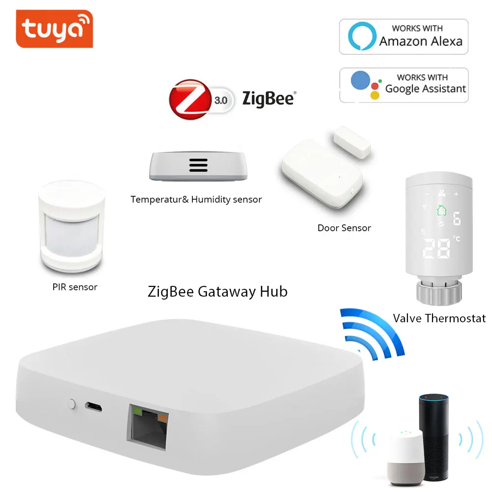 

Tuya Zigbee Smart Gateway Hub PIR Door Window Temperature Humidity Sensor TRV Thermostat Works with Alexa and Google Home