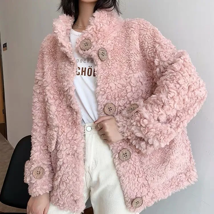 

100% Sheep Sheared Female Brief Paragraph Coat Keep Warm With Thick Fur Coat Compound Fur Lambs Wool Coat Collar Shearling Coat