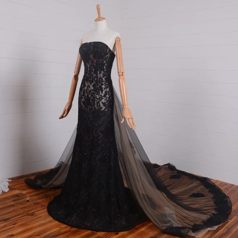 Настоящие фотографии, черное кружевное длинное платье для выпускного вечера, дизайн, расшитое бисером,, хит, сексуальное вечернее платье без бретелек, съемное платье со шлейфом для матери невесты