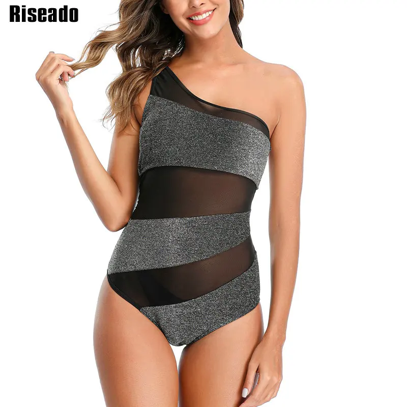 Riseado, сдельный купальник на одно плечо,, сексуальный сетчатый Купальник для женщин, бандо, в горошек, пляжная одежда, купальники, Одноцветный, летний - Цвет: RS0276
