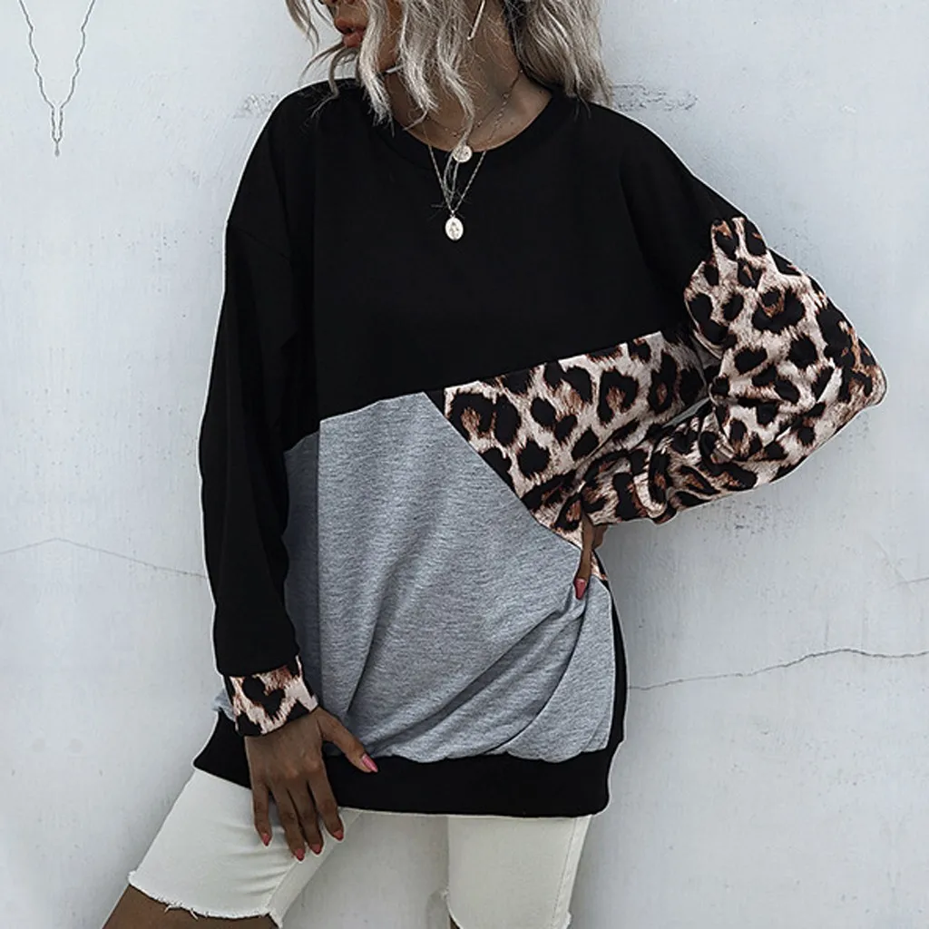 

Diiwii Woman Leopard Print Sweatshirt Patchwork Top Long Sleeve Casual Fashion Warm O Neck Oversize