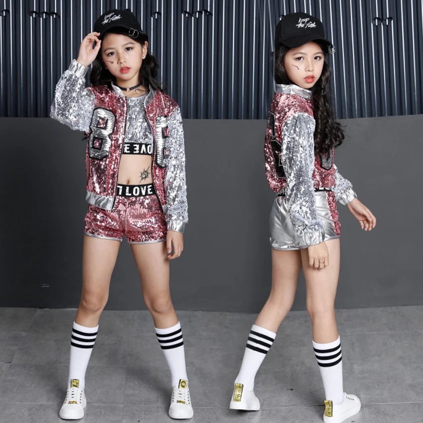 

Kids Dance Costume for Girls Dancing Sequins Beyonce Team Wear Hip Hop Fancy Clothing Clothes Crop Tank Jazz Ballroom Streetwear