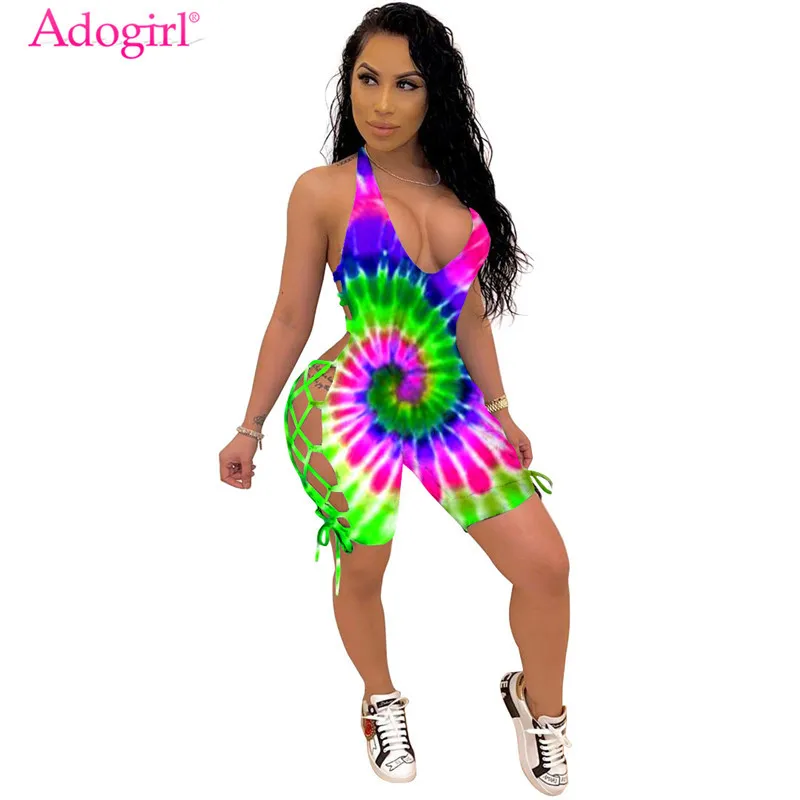 Adogirl Tie Dye Print Women Jumpsuit Lace Up Backless Bandage Playsuit 2020 Summer Women Sexy Deep V Neck Sleeveless Tank Romper Adogirl Tie Dye Print Women Jumpsuit Lace Up Backless Bandage Playsuit 2020 Summer Women Sexy Deep V Neck Sleeveless Tank Romper