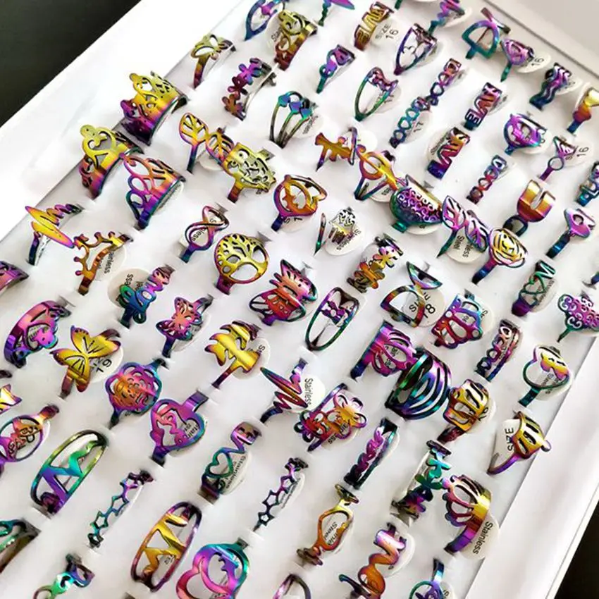 Bulk lots 25pcs 16-20mm Mix Laser Cut Ring Women's Mix Colors  stainless Steel Party Ring Trendy Jewelry 5