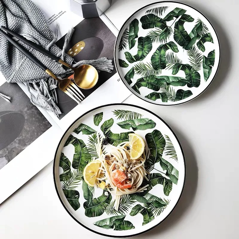 

8 and 10 inch Ceramic Dinner Plate Green Leaf Tableware Dinnerware set Flat Dessert Plate Snack Dish