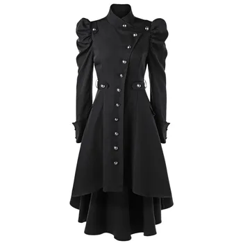 

Women Winter Puff Shoulder Button Up Dip Hem Trench Coat New Fashion Stand-Up Collar High Waist Outerwear Gothic Coat Female