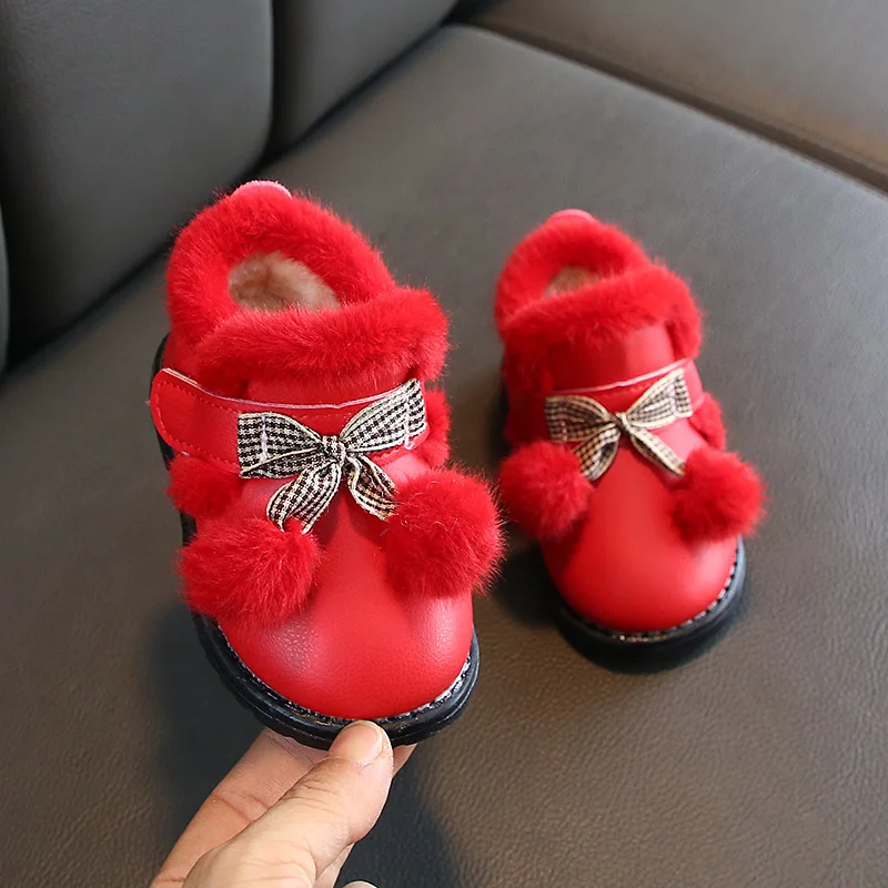 Обувь для маленьких девочек зимние теплые ботинки для маленьких девочек с бантом Нескользящая кожаная обувь для девочек зимние ботинки SYJ011 - Цвет: SYJ011Red