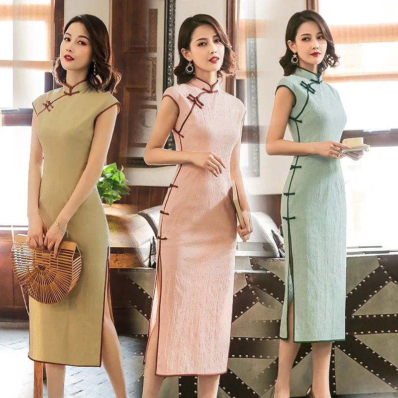 Сплошной цвет короткий рукав Винтаж Cheongsam женский китайский сатиновый Qipao оверсайз 3XL вечернее платье Мандарин воротник сексуальное платье