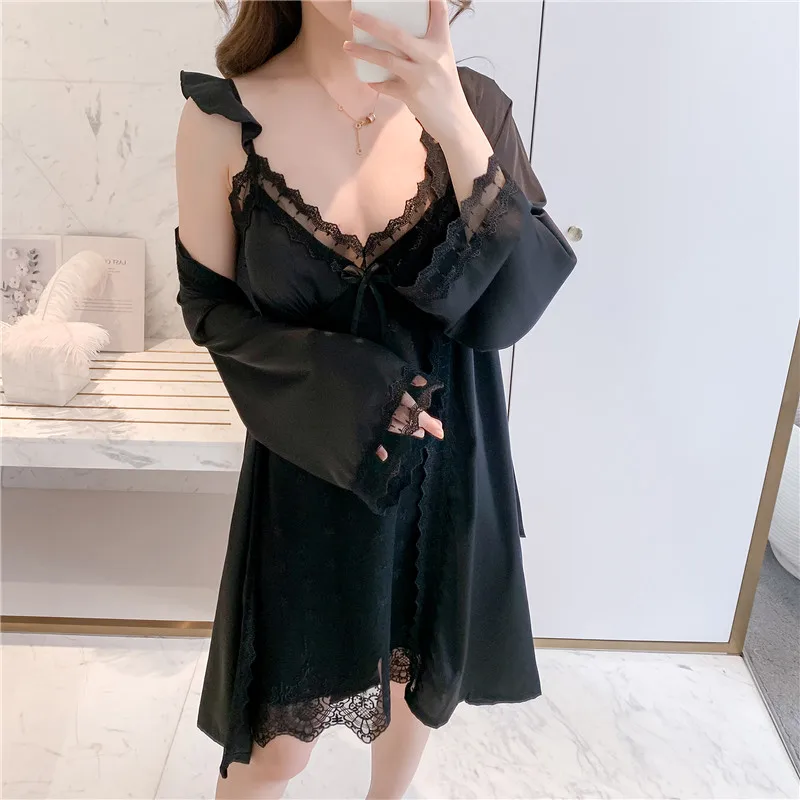 

Халат-кимоно Женский атласный, пикантный комплект свободного покроя, халат, пижама, шелковое нижнее белье, домашняя одежда, черный цвет