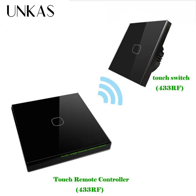 

UNKAS EU Standard 1 Gang 2 Way 433mhz Wireless Remote Wall Light Touch Switch Wireless Stick Remote Touch Switch