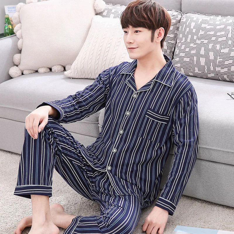 

New Style Pajamas Men Pure Cotton Long Sleeve Fold-down Collar Set Autumn Fashion Stripes Plus-sized-Outer Wear Tracksuit
