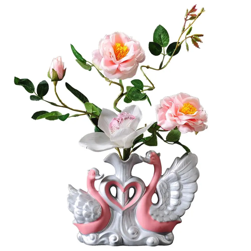 Modern Swan Ceramic Vase+Artificial Flower Ornaments Wedding Gifts Home Livingroom Desk Figurines Furnishing Crafts Decoration