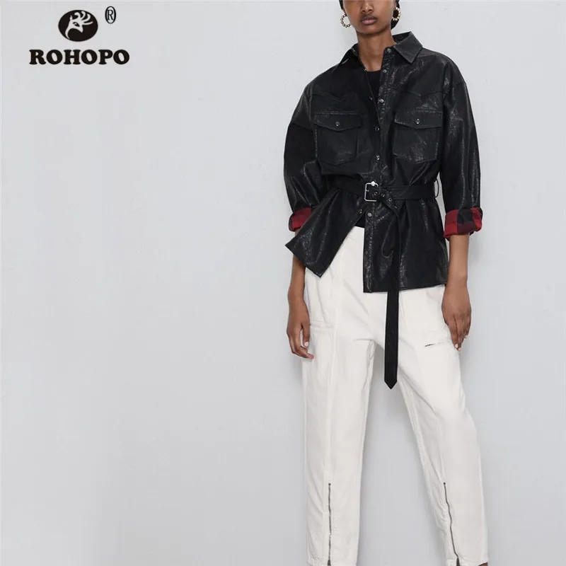 

ROHOPO Fake Leather Belted Motor Belted Black Trench Coat Plaid Lining Big Pockets Cargo Straight Autumn Outwear #9571