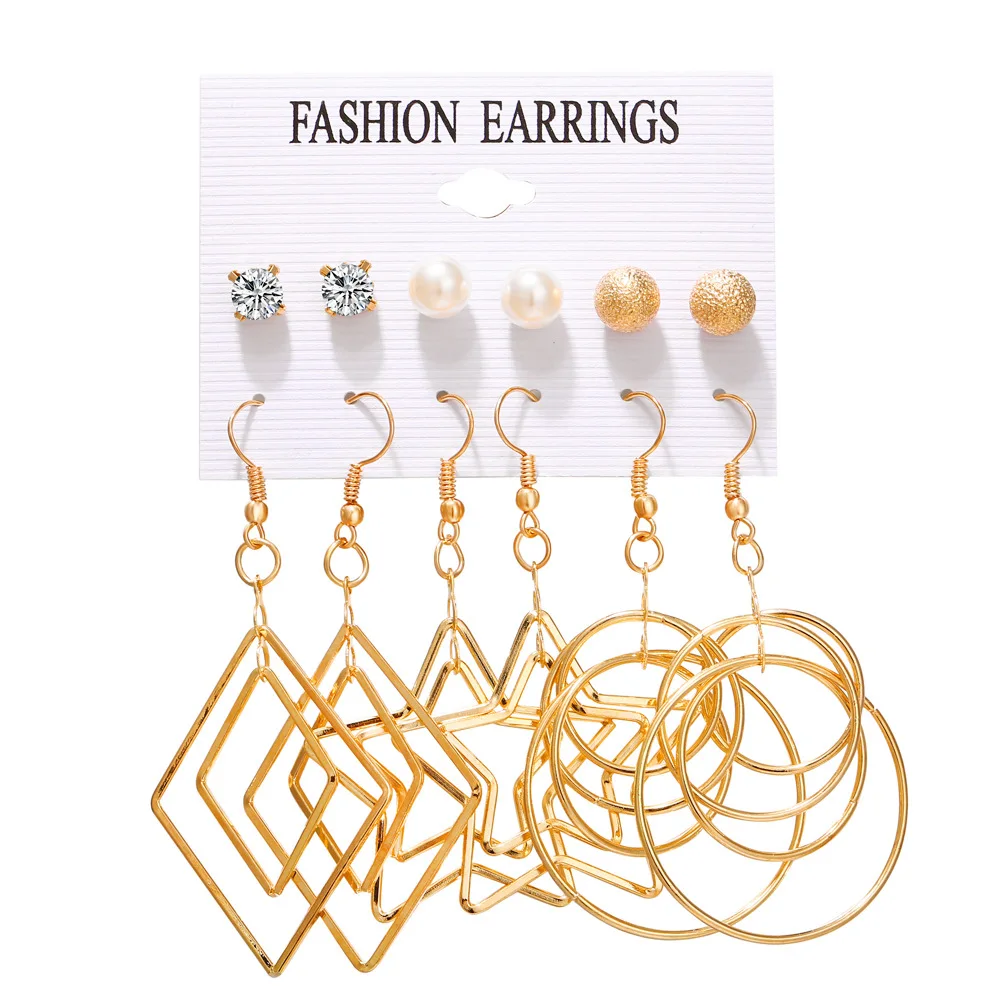 

F1646 Creative New Style Pearl Five-Pointed Star Great Circle Multi-Element Ear Stud 6-Piece Set Earrings Female