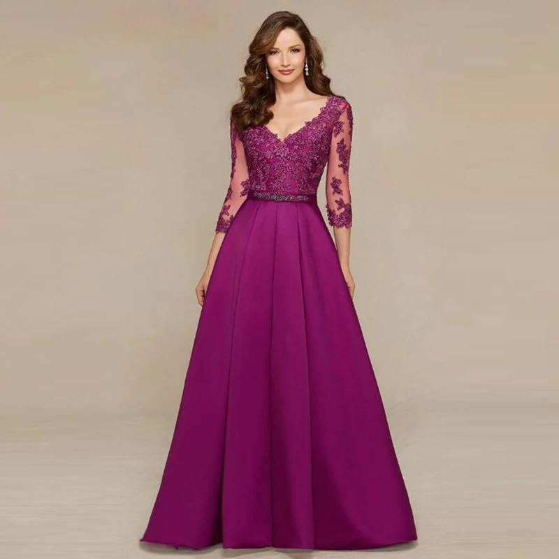 

On Sale Charming Purple Lace V Neckline Mother of the Bride Dresse Three Quarter Sleeves Mother of the Groom Gowns Back Out