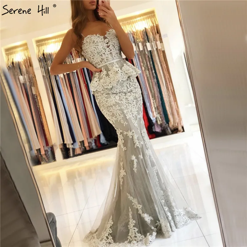 Grey Sleeveless Sexy Evening Dresses Fake Two Pieces Mermaid Lace Evening Gowns Long Serene Hill BLA70247