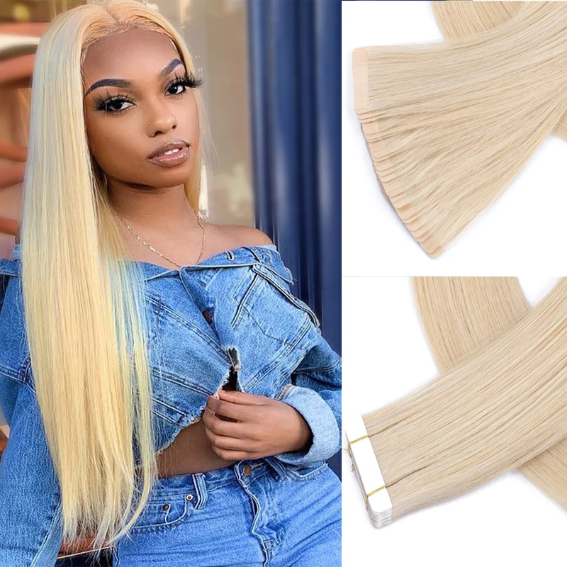 

Human Hair Tape in Extensions Prebonded Tipped Platinum Ash Blonde Glue in Skin Weft Tape Attached Invisible Seamless Reusableb