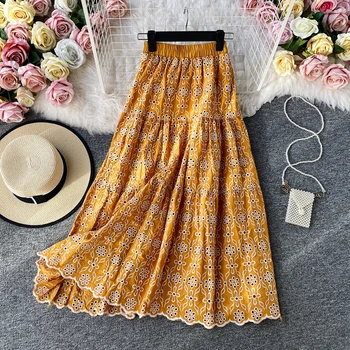 

French high waist black hollow out embroidered skirt umbrella skirt lace cotton long skirt