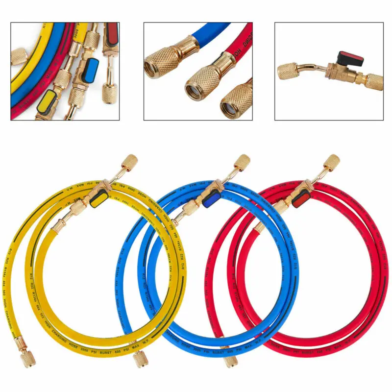 

3pcs Compact Ball Valve 29983 Manifold Hose Set 36'' Red Yellow Blue Compact Ball Valve 1/4" SAE Solid No-flutter gauge design