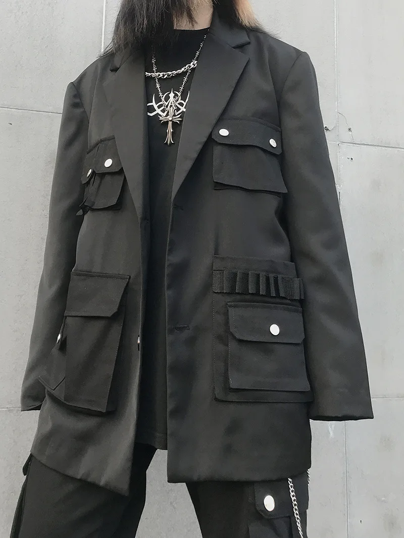 Для мужчин высокое уличное свободное Повседневное карман с грузовой Блейзер пиджак мужской Для женщин уличная одежда в стиле «хип-хоп», костюм для панков, пальто Верхняя одежда для детей