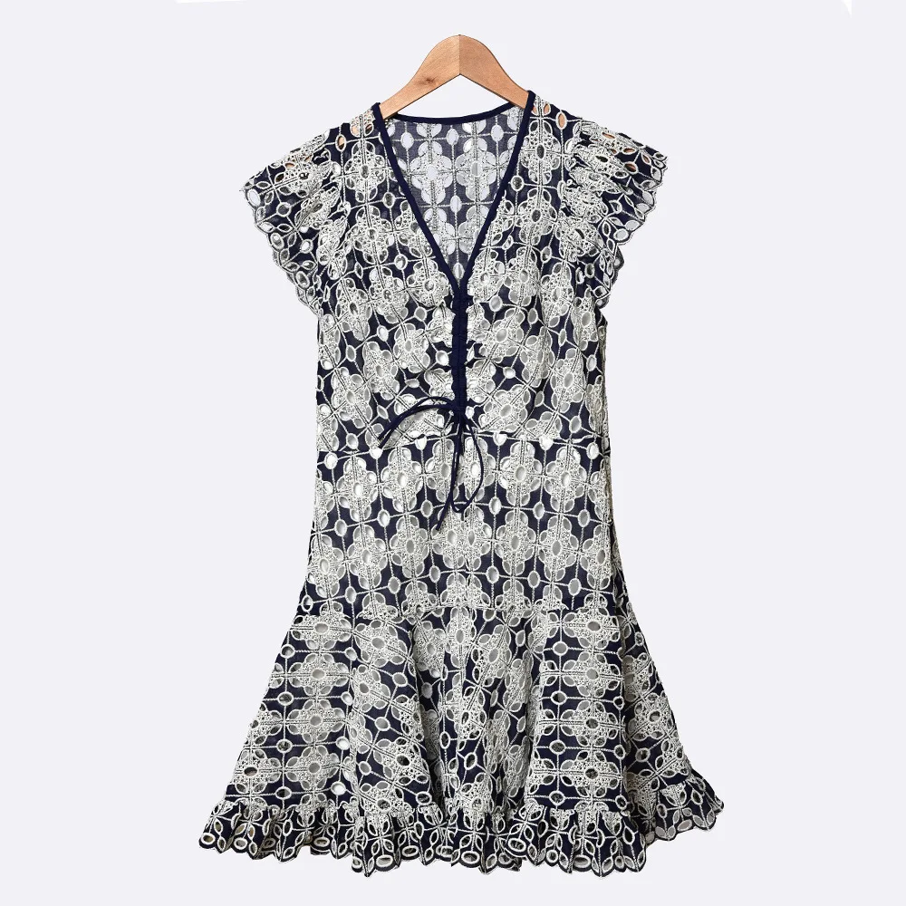 

Summer New Vintage Lace Hollow Out Print Dress Lady V Neck Sleeveless Mini Dress