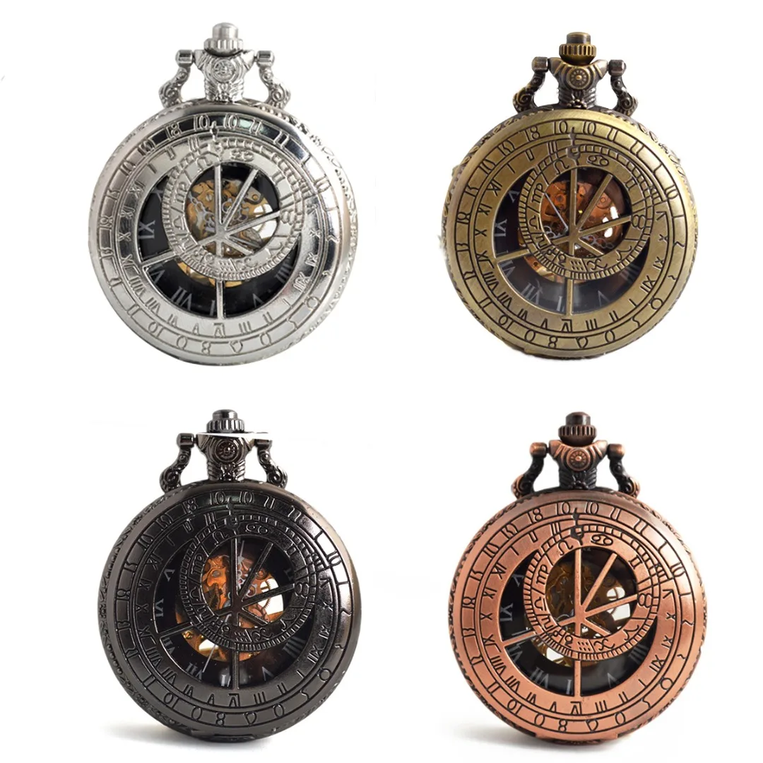 Vintage Antique Pocket Watch Hollow Skeleton Hand Winding Mechanical Watch Zodiac Compass Roman Numerals Pocket Watch For Men