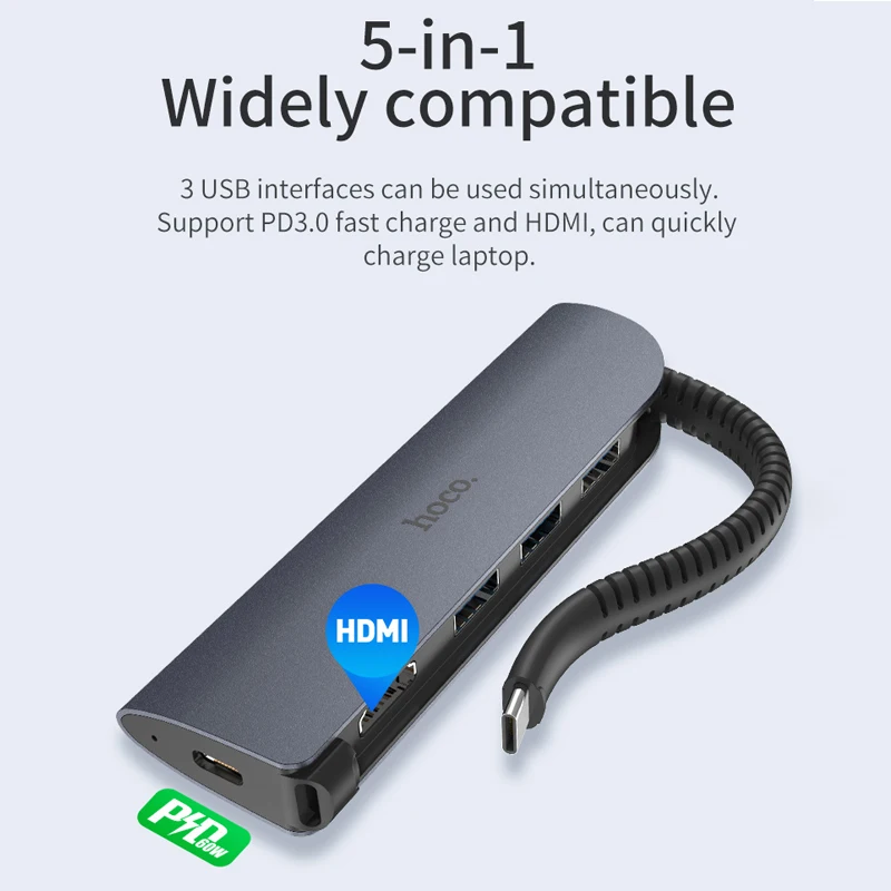  HOCO 5in1 USB Converter Docking Station USB Type C to HDMI USB 3.0 PD Hub Adapter for MacBook Pro i
