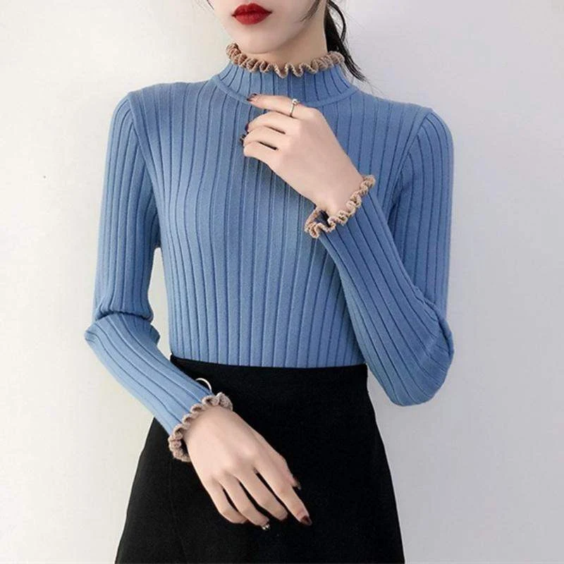 

Autumn Fashion Sexy Warm Sweaters Wild Wooden Ear Half-high Collar Solid Color Long-sleeved Slim Knit Sweater White one size