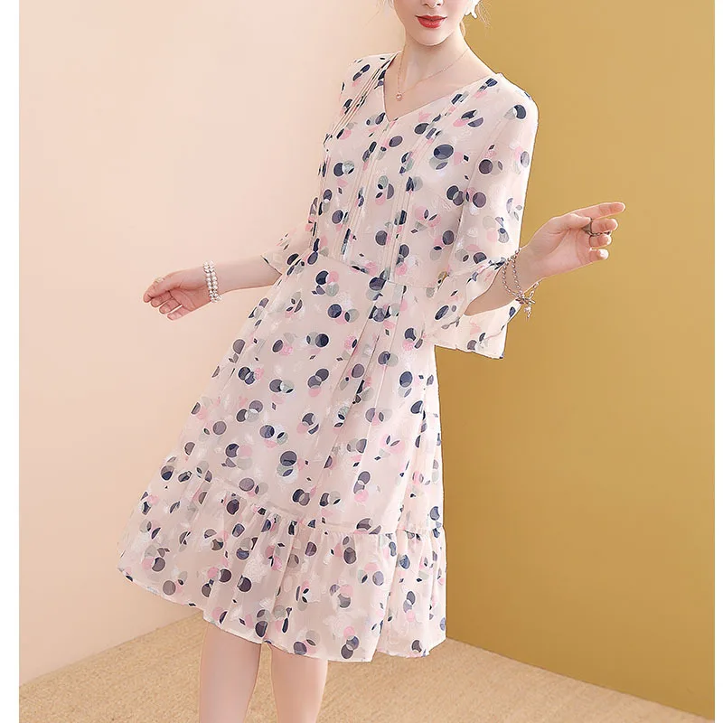 

Spring Clothing Printed Polka Dot Waist Hugging Bell Sleeve Dress Women's Mid-length 2019 New Style Popular Skirt