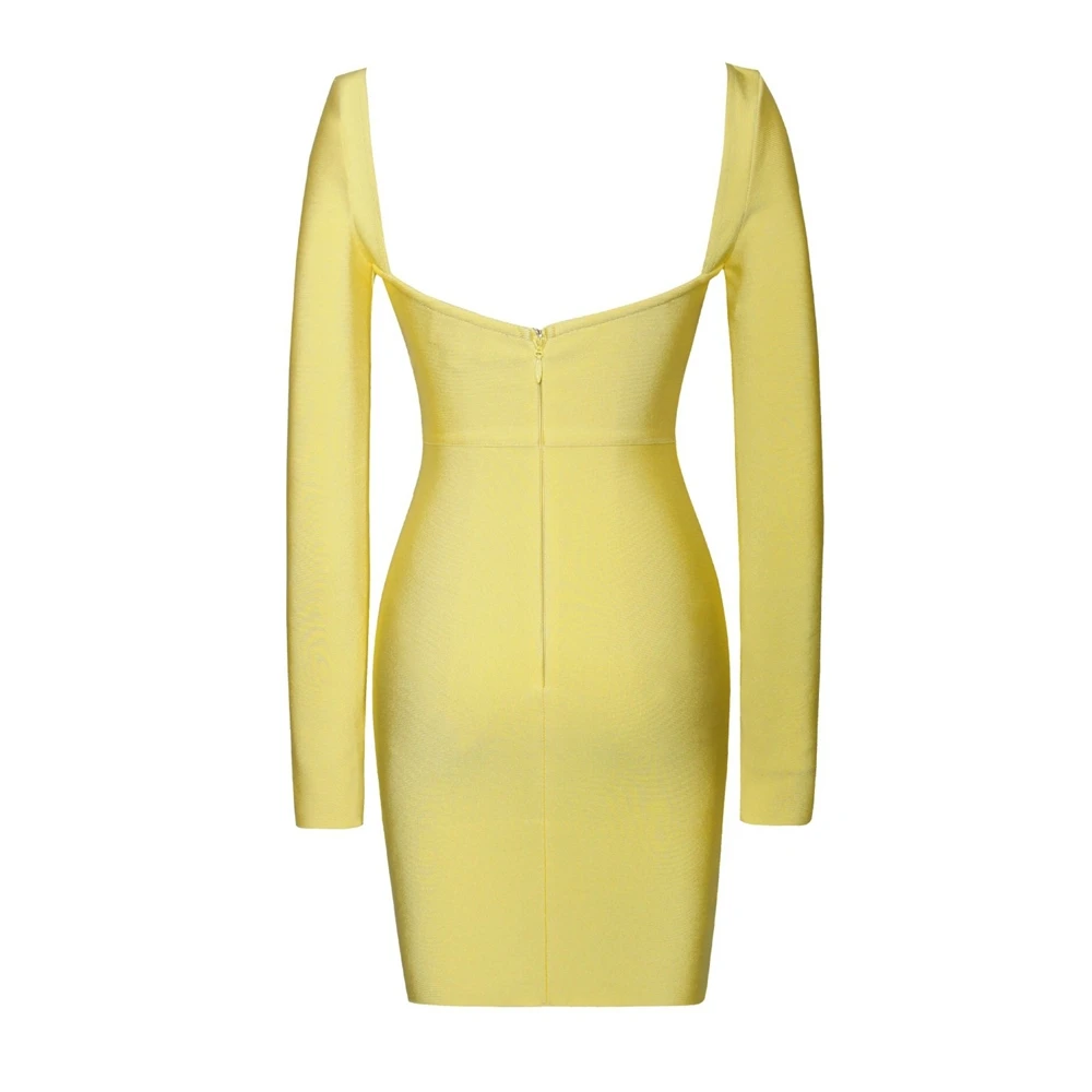 Ocstrade Yellow Square Collar Long Sleeve Mini Backless Bandage Dress PP19159-Yellow