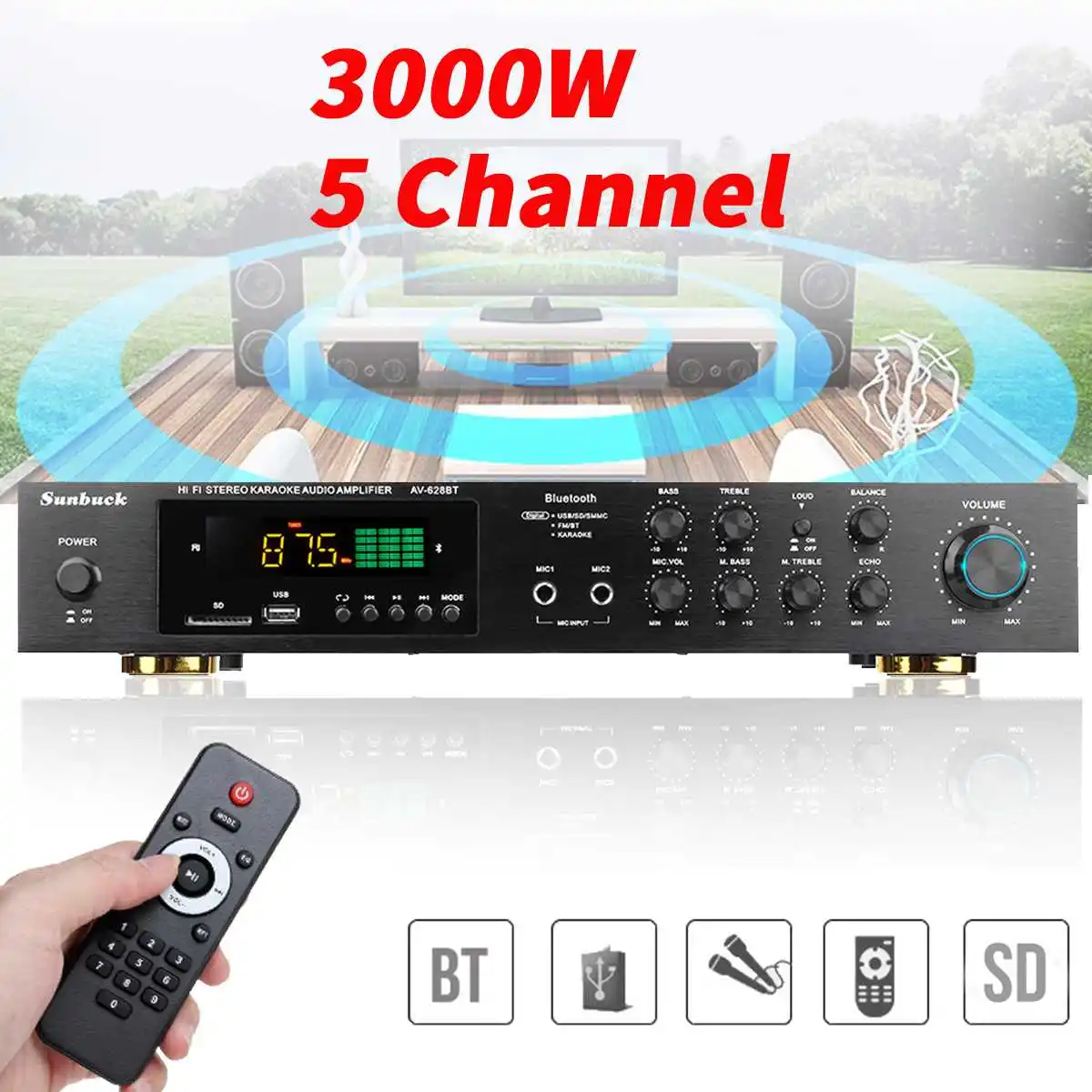 3000W 5 Channal HiFi Stereo AV Amplifier Lossless Audio Subwoofers Bluetooth Surround Sound Digital Powerful Home Karaoke | Электроника