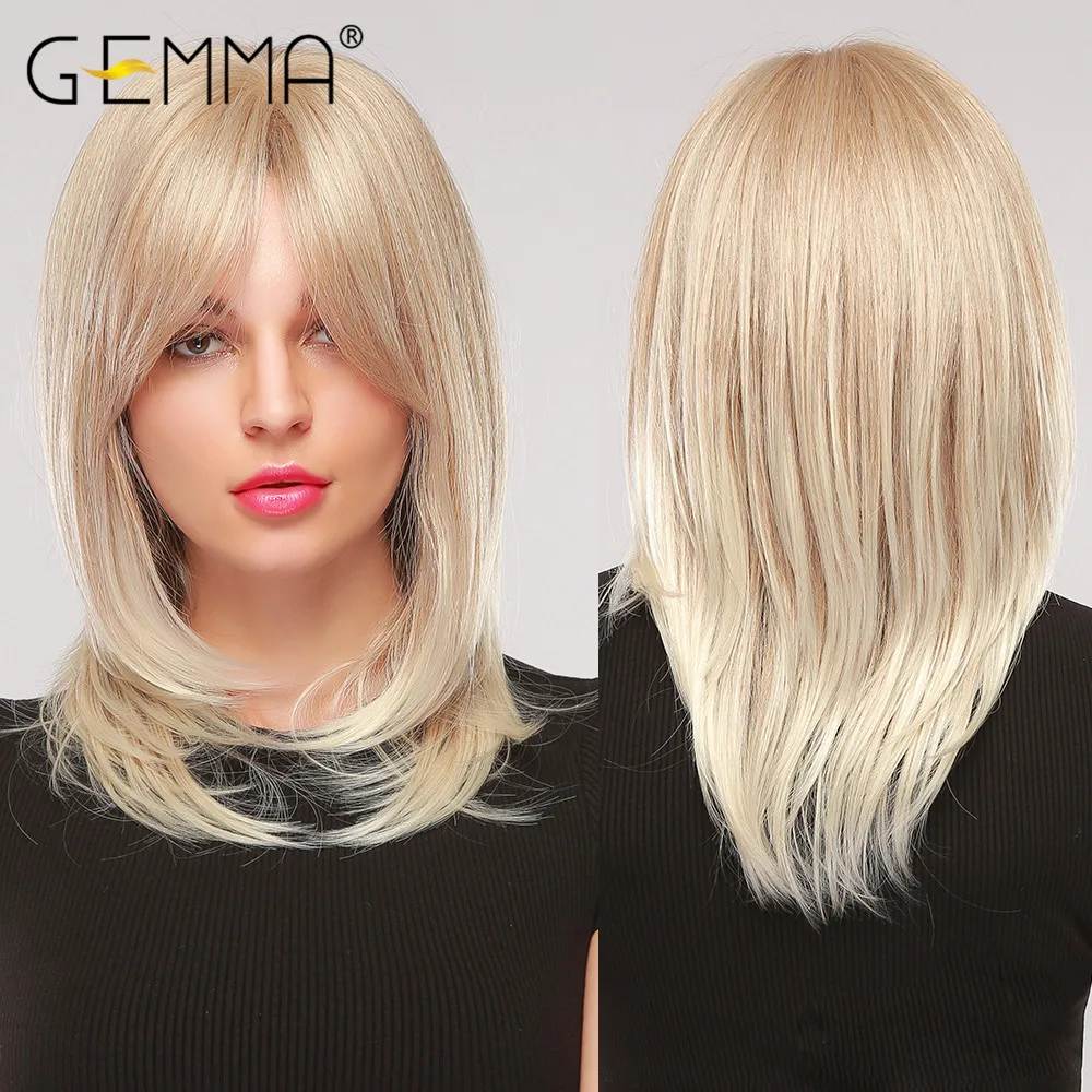 Bajo costo GEMMA-Peluca de cabello sintético para mujer, pelo Natural ondulado, Rubio Dorado en capas con flequillo lateral, fibra resistente al calor pBQKMGGerx3