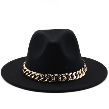womens's hat wide brim Thick gold chain band classic black beige felted hat panama cowboy jazz men caps luxury fedora women hats 1