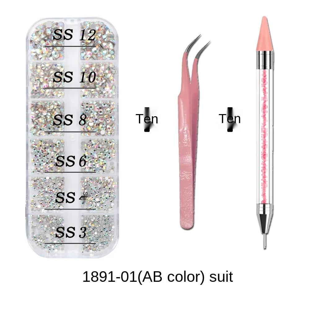 1Box Multi Size Glass Nail Rhinestones Mixed Colors Flat-back AB Crystal With tools 3D Charm Gems  Manicure Nail Art Decorations