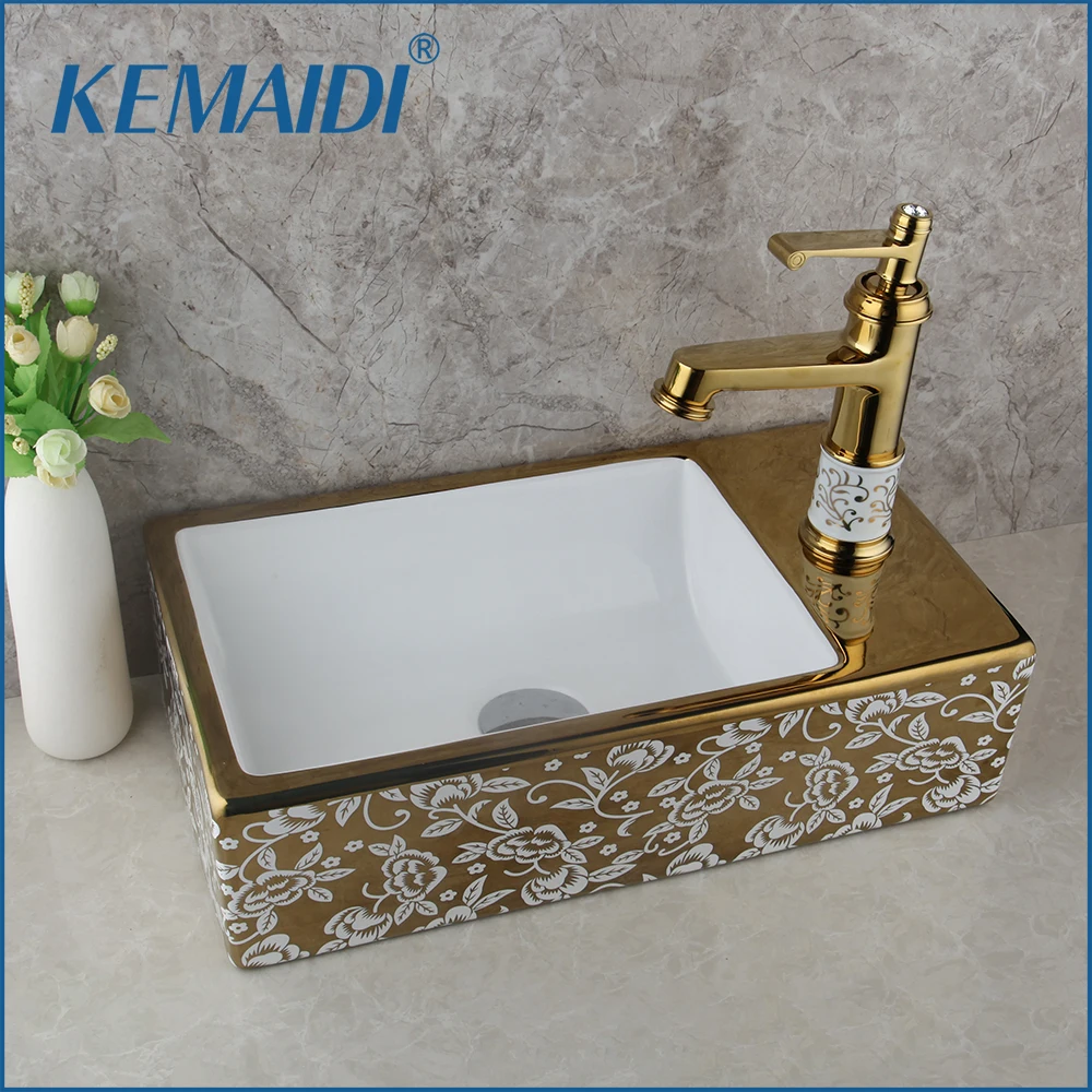 

KEMAIDI Golden Ceramic Basin Bathroom Sink European style Washbasin Sink Bath Combine Free Drain High quality Basin Mixer Tap