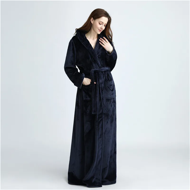 

Unisex Double Pockets Flannel Long Hooded Bathrobe Housecoat Full Length Robe Long Sleeve Wrap Bathrobe