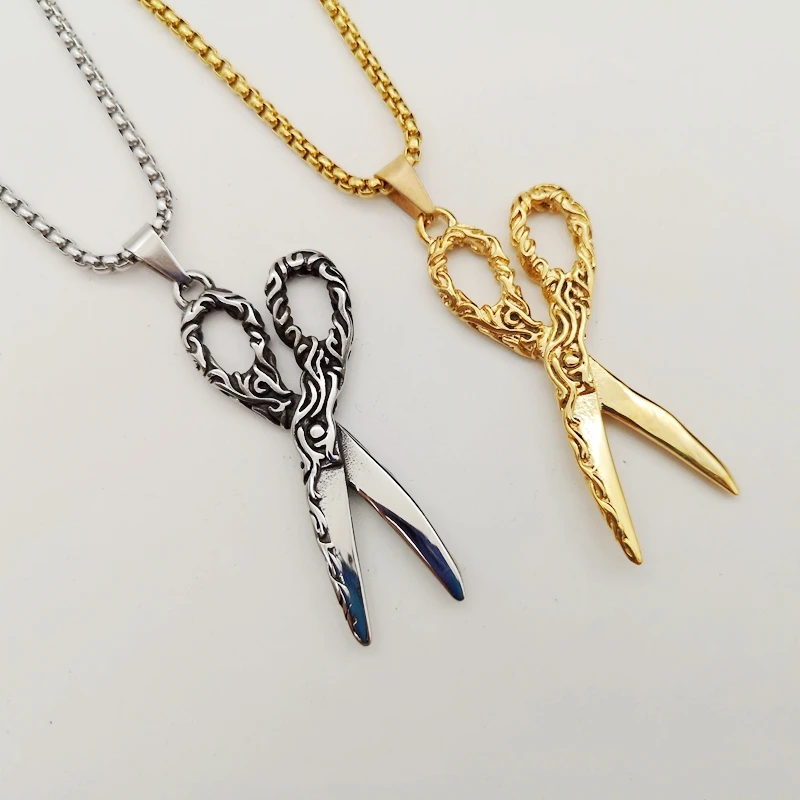 Carved pattern scissors pendant necklace 316L Stainless steel vintage