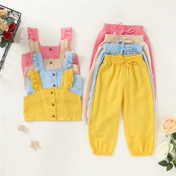 

2Pcs New Newborn Infant Baby Girls Clothes Summer Sleeveless Button top Solid Color Casual Pants Outfits Set 1-6Y
