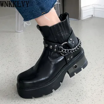

Thick sole knight boots women platform round toe metal buckle chain rivets decor ankle botas motorcycle short boots for girls