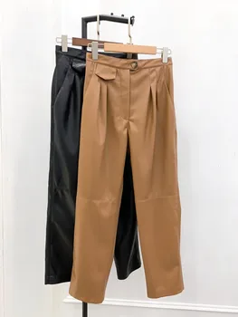 

Women's Faux Leather Ankle-Length Pants Solid Color Causal Straight Trousers with Zipper and Pockets 2020 Spring New