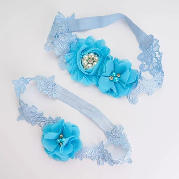 

2 Pieces/Set Lady Garter Blue Flower Lace Wedding Patchwork Thigh Circle Bride Pearl Flower Embellishment Garter Belt