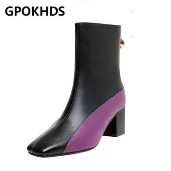 

GPOKHDS 2021 women soft ankle boots cow leather zippers boots winter short plush square toe high heels women boots