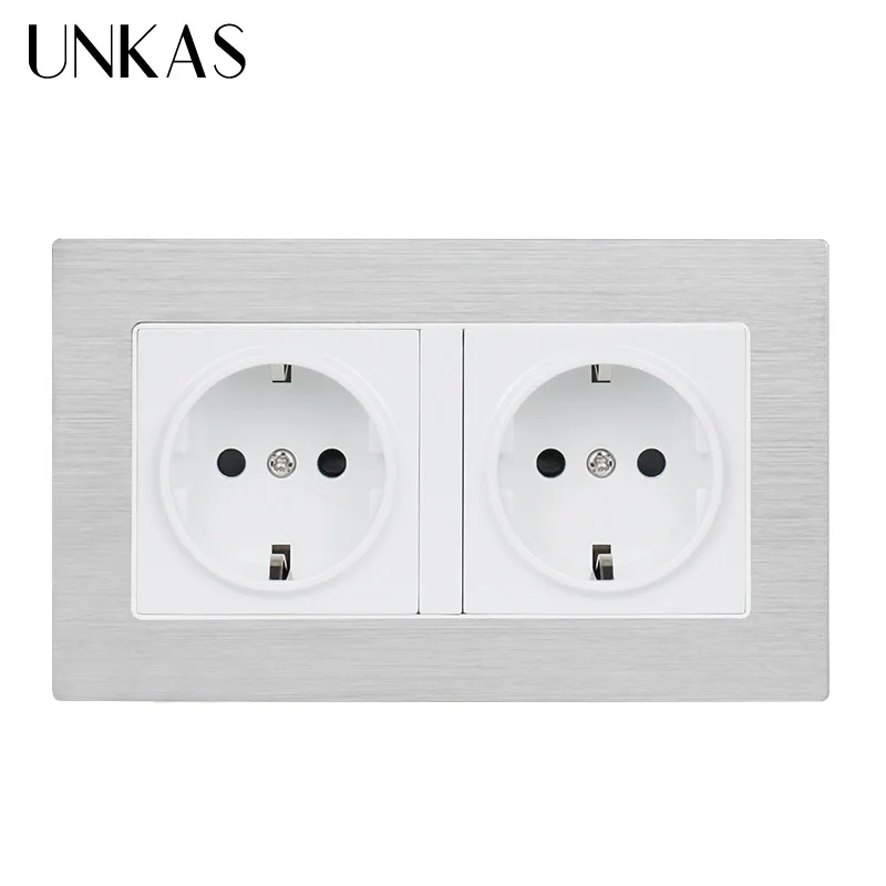 

UNKAS Black Aluminum Metal Panel Wall Socket EU Standard Power Outlet 16A EU Standard Electrical Double Outlet 146mm * 86mm