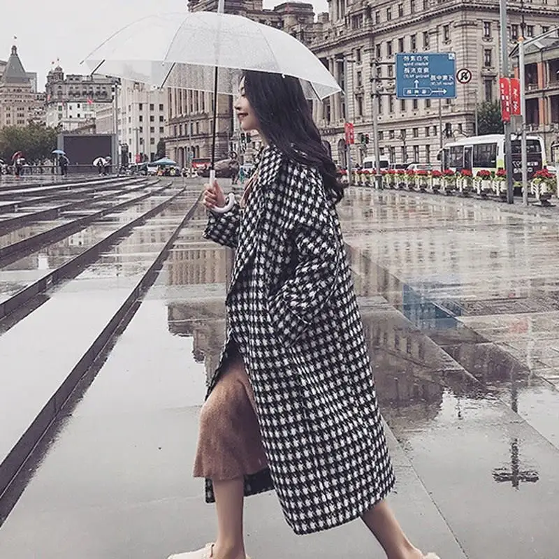 Зима, свободное повседневное шерстяное пальто, женское клетчатое длинное шерстяное пальто с карманами, Женская винтажная Корейская теплая элегантная верхняя одежда